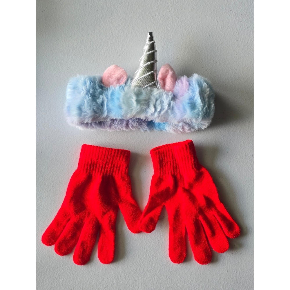 Unbranded Kids One Size Accessory Set Blue Pink Red Unicorn Faux Fur Knit